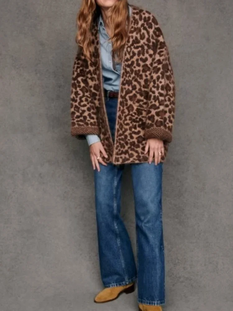 Fashion Leopard Print Mohair Knit Cardigan Women Casual Loose Pockets Long Sleeve Sweater 2024 New Lady Front Open Commute Tops