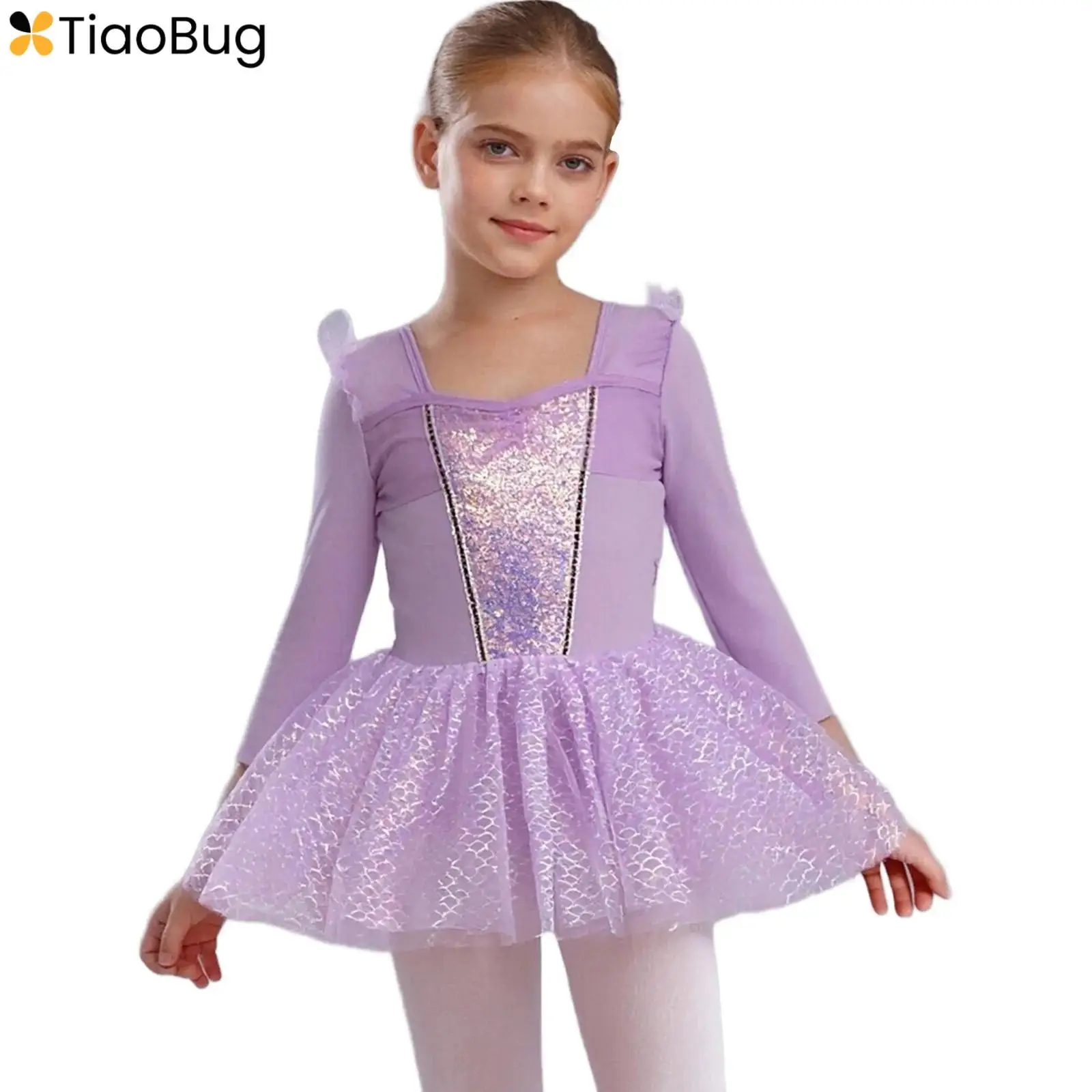 

Kids Girls Ballet Dresses Sheer Mesh Ruffle Long Sleeve Shiny Sequins Fish Scales Tulle Tutu Dress Ballerina Practice Dancewear