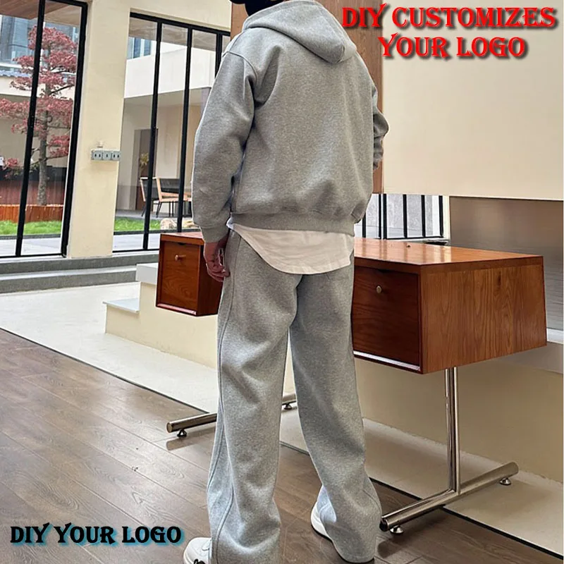 DIY customizes your logo for autumn and winter, new European and American casual zipper sports hat set, men's hoodie with pants