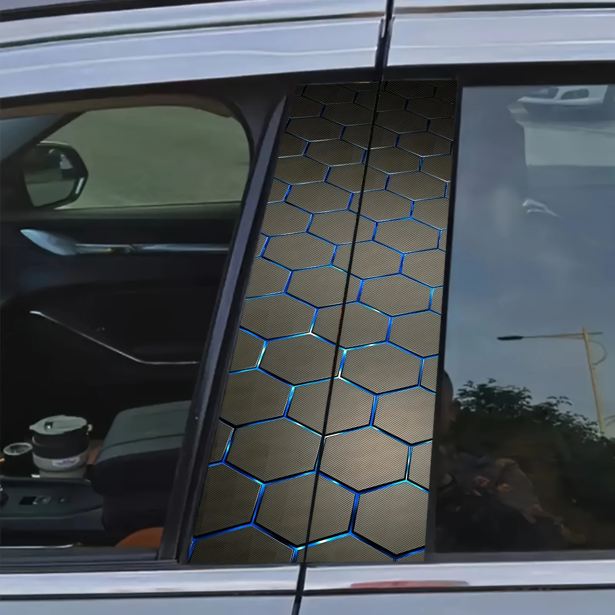 2-Piece Automotive B-Pillar Sticker - Scratch Resistant Vinyl, Geometric Hexagon Blue Embellished Designed for Sedan BMW Audi
