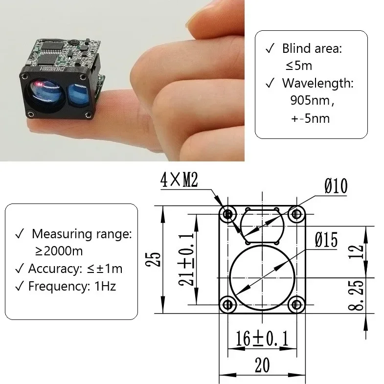 PTFS Micro 2000m Laser Distance Sensor 2km 5V Laser Ranging Sensors 1 Hz 905nm Super Long Range Lidar Sensor For Thermal Imaging