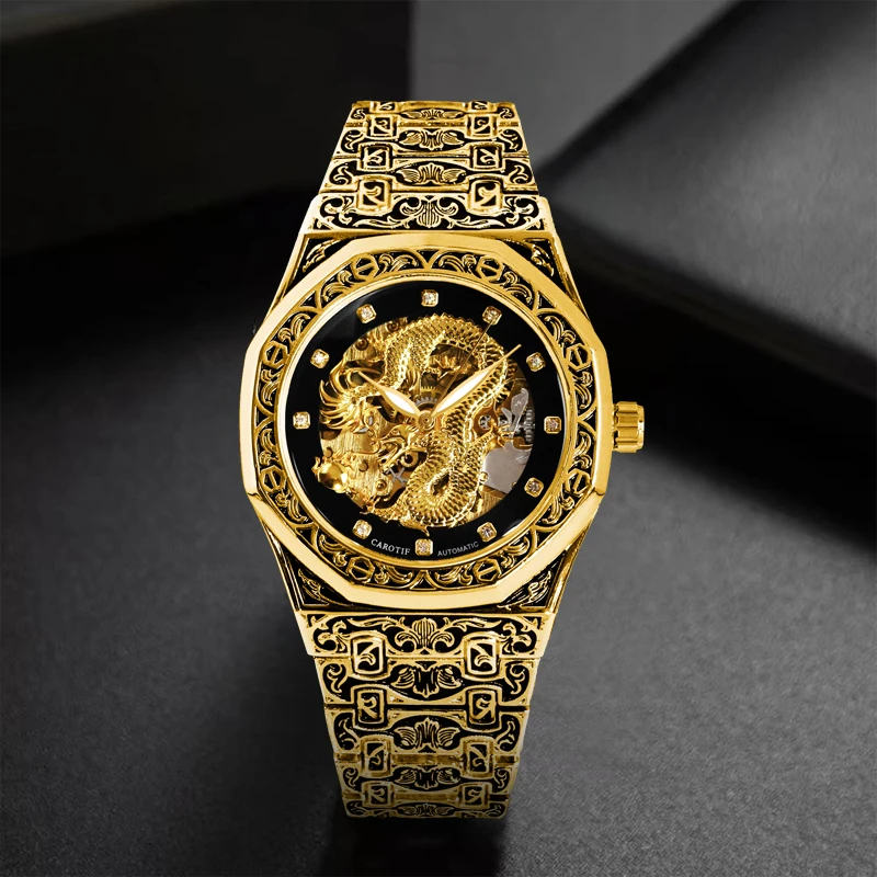 A men's black and gold vintage luxury carved golden dragon polygonal automatic mechanical watch
