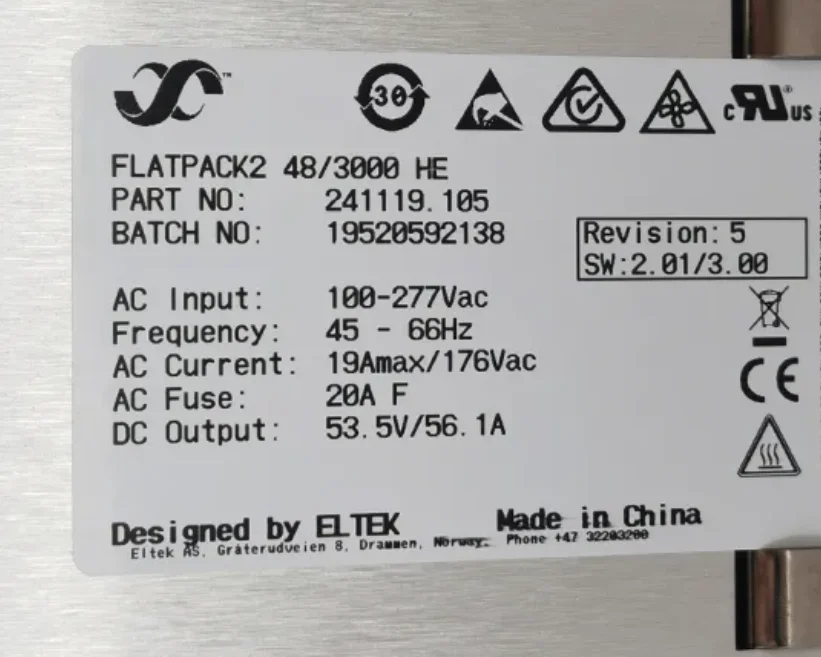 Eltek 48V 3000W Flatpack2 48/3000 HE G2 DC Power Supply 241119.105 Wireless Infrastructure Equipment Rectifier Module