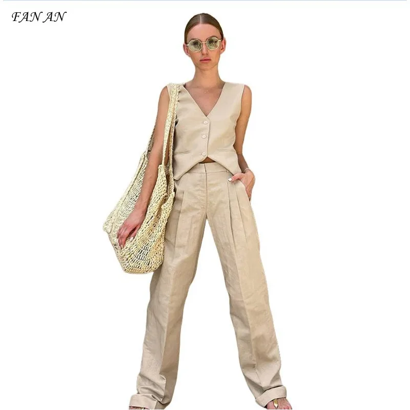 Street Style Cotton Hemp Sleeveless Vest Straight Pants Two-piece Women 2024 Summer Early Autumn New Cross-border Fashion Suit