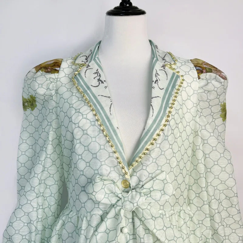 Ele Long Pearl Trim V-Ne Dr Street Sle mid Waist Print Lantern Sve Single Button Luxury Maxi Skirt for Women