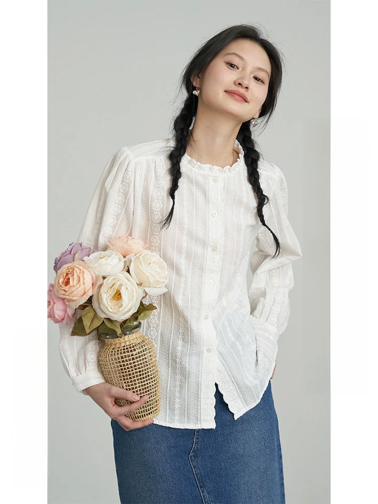 

Dwind2026 Women's Long Sve irt Stand Collar Lace Hem Spring Autumn Slimming Versatile Cotton Commute Sle Pure Color