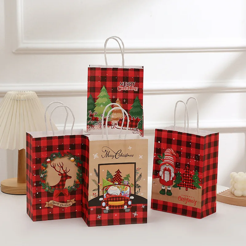 4/8pcs Santa Christmas Candy Bags Snowman Reindeer Kraft Paper Gift Bags New Year Party Favors Packaging Noel 2024 Christmas