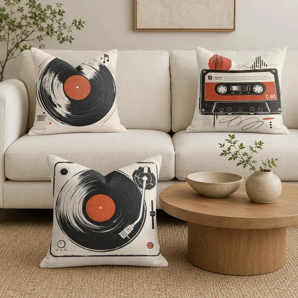 Vintage record player Cushion Cover Organic Linen Throw Pillow Cover - Double-Sided Print Breathable Cushion Case Home Decor
