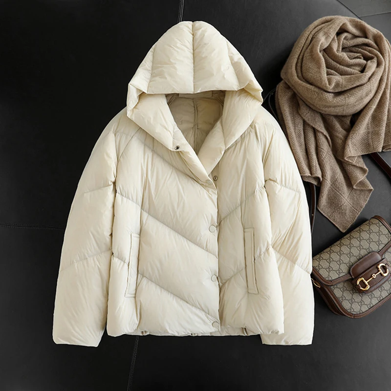 Chaqueta acolchada con capucha informal de invierno para mujer, abrigo cálido suave ultraligero de manga larga 90% plumón de pato blanco, corte holgado, recién llegado 2025