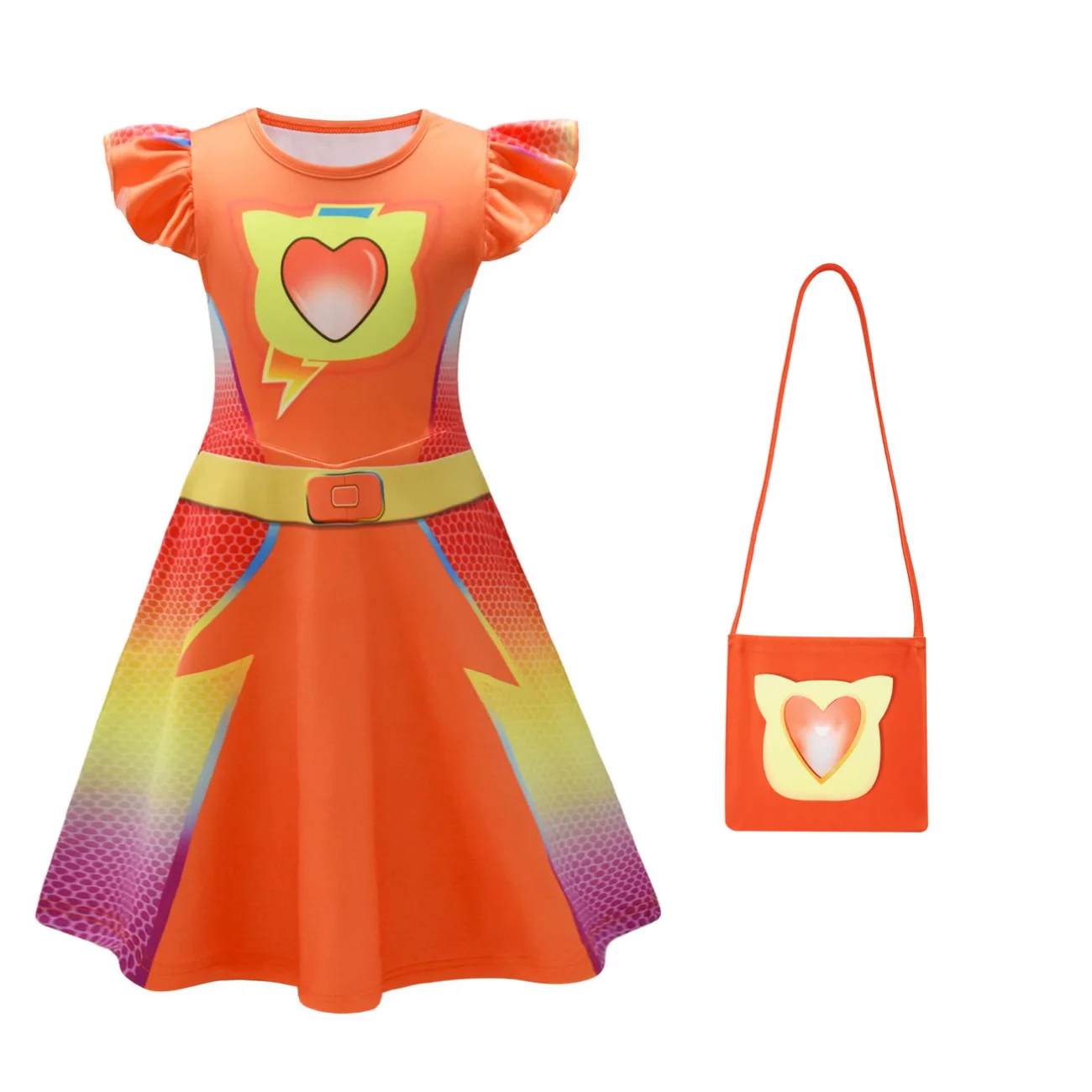 Children's SuperKitties Dresses Girls Flying Sleeves A-Line Dress Bag Mask Carnival Birthday Gift Super Kitties Cosplay Costume