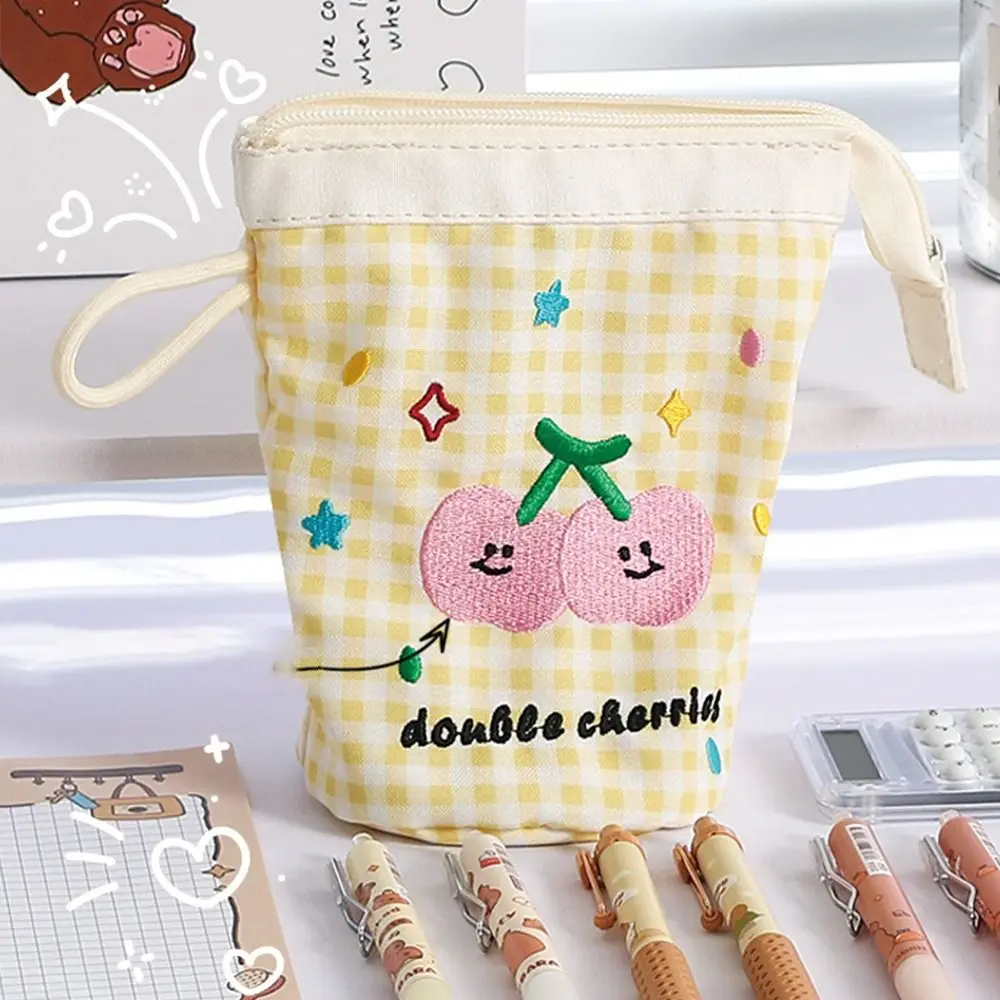 Gifts Portable Plaid Pen Bag Contrast Color Dopamine Vertical Pen Holder Large Capacity Stationery Bags