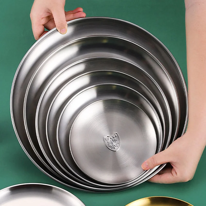 3/5Pcs Stainless Steel Silver Plates, Korean Style Grilled Meat Plates, Household Circular Trays, Bone Plates, Cake Plates