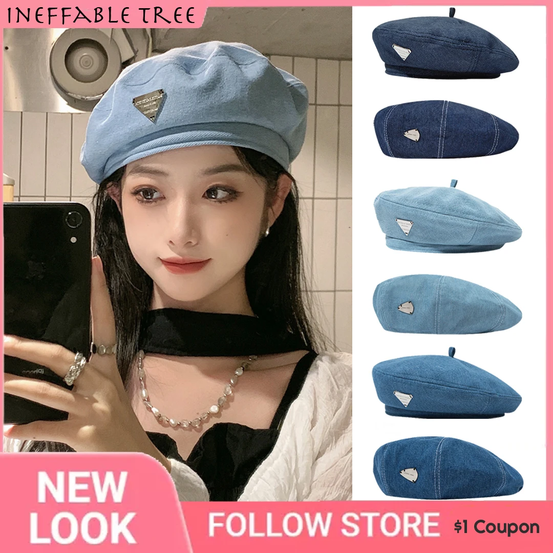 Y2K Japan Spring Summer Fashion Denim Beret Hat For Women Men Triangular Metal Logo French Painter Artist Beret Cap Gorras