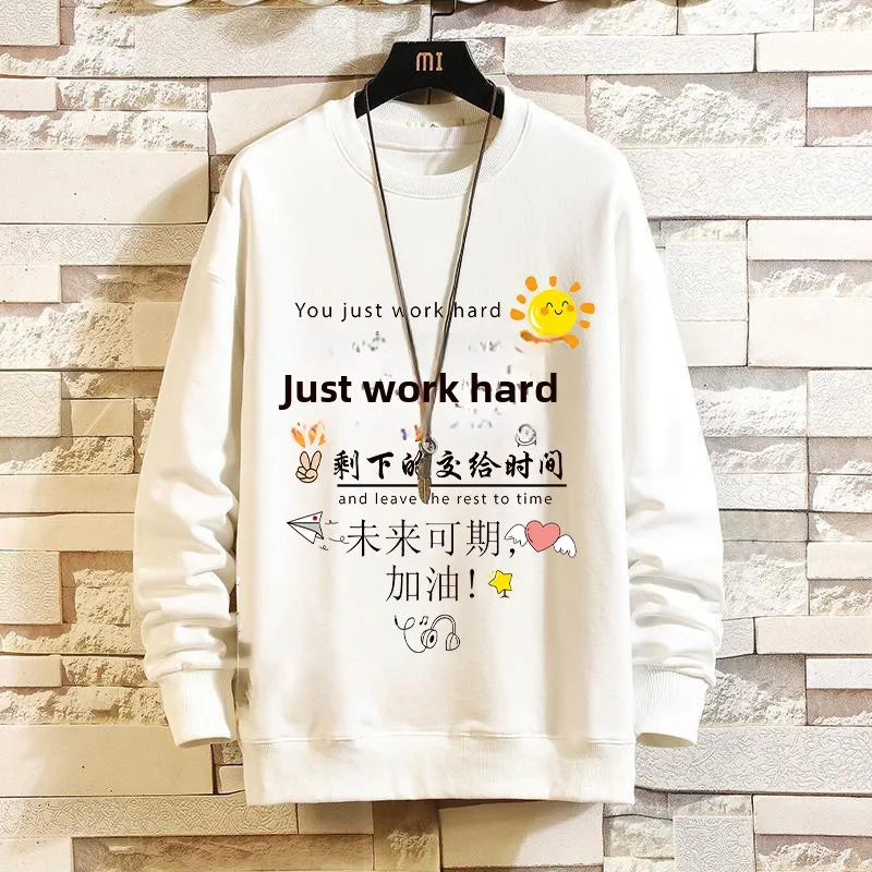 

Зима 2024: Мужской свободный повседневный свитшот с круглым вырезом и принтом, модный, с креативным текстовым дизайном, из смеси полиэстера и спандекса, молодежный стиль