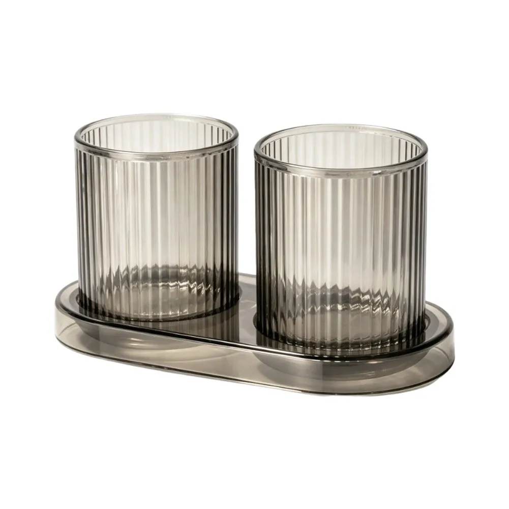 Mouthwash Cup Set 2 pcs + 1 Base for Tumbler and Toothbrush Storage - Vertical Striped PET Cups Orange Green Black