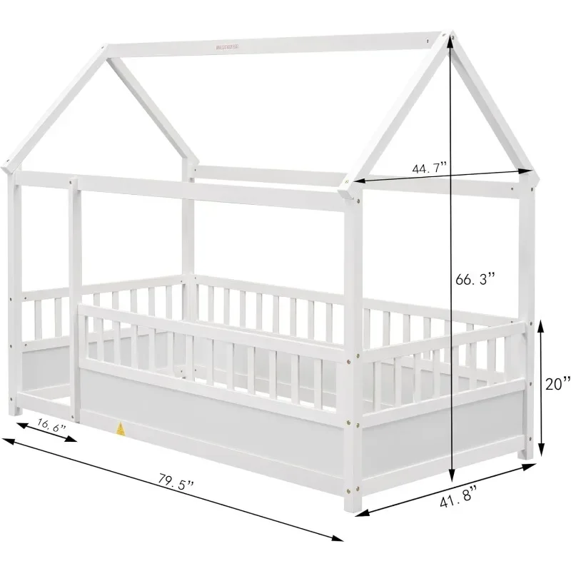 Twin Size, Twin Floor Bed with High Fence, House Bed for Kids, Girls, Boys, Wood Floor Without Slats(White Twin)