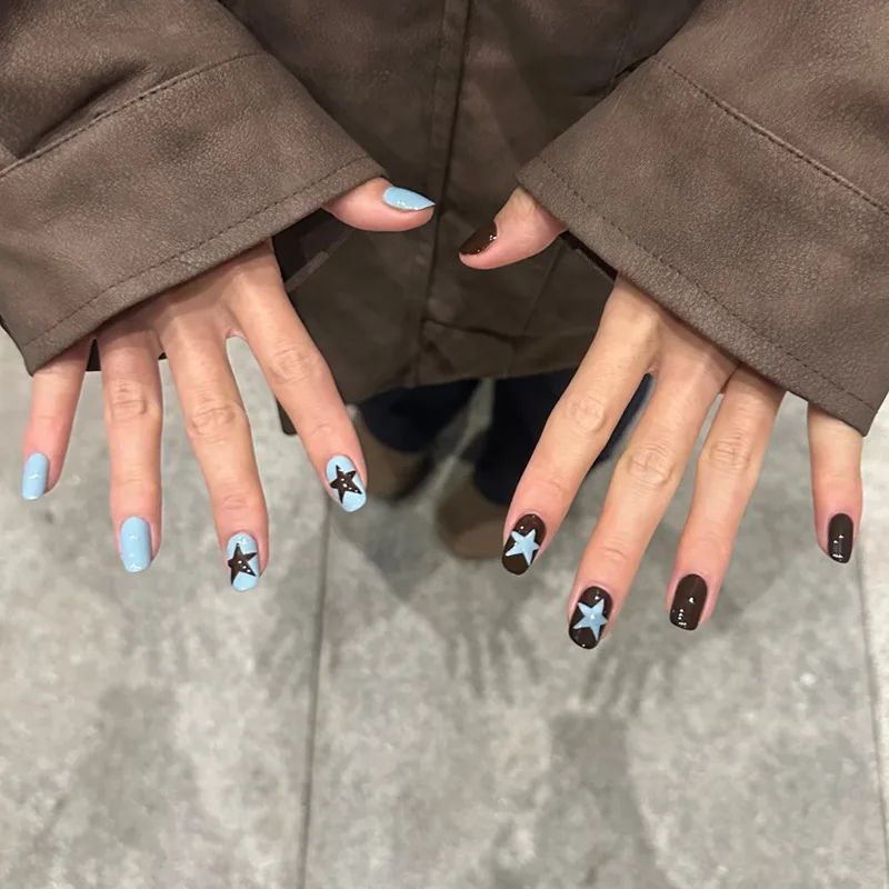 Sweet Cool Black Star Press On Nails, Short Coffin Nail Art