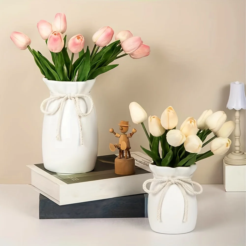 2pcs Pleated Jute Vase Cloud Rim Ceramic-like,Shatterproof for Entryway Table, Dried Fake Flowers, Nordic Farmhouse Decor