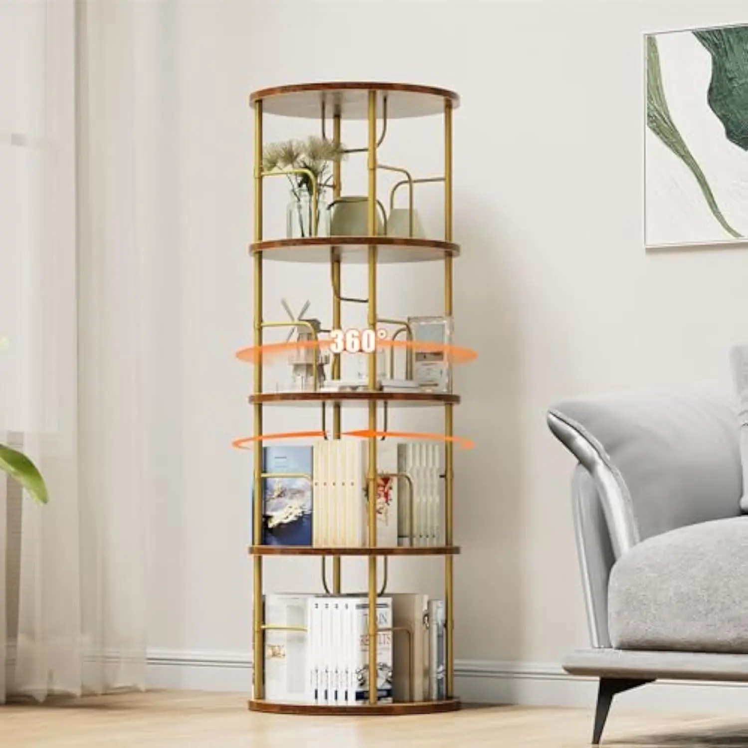 

4 Tier Rotating Bookshelf, 360° Corner Bookshelf Tower, Round Revolving Bookcase with Special Visible Partition Storage, Narrow