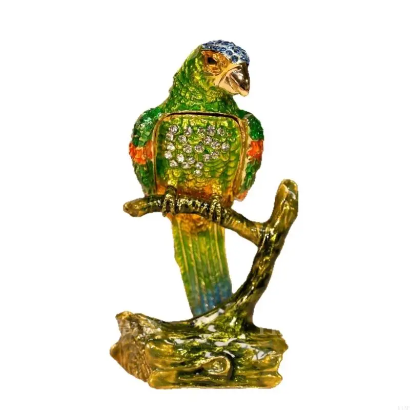 

91AF Elegant Parrots Enameled Jewelry Box With Multiple Layer Compartments For Rings Earrings And Small Accessories
