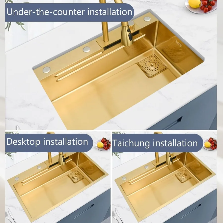 Stainless Steel Undermount Kitchen Sink With Pull-Out Faucet and Pressurized Cup Washer for Modern Kitchen 68x45x20cm Gold Fini