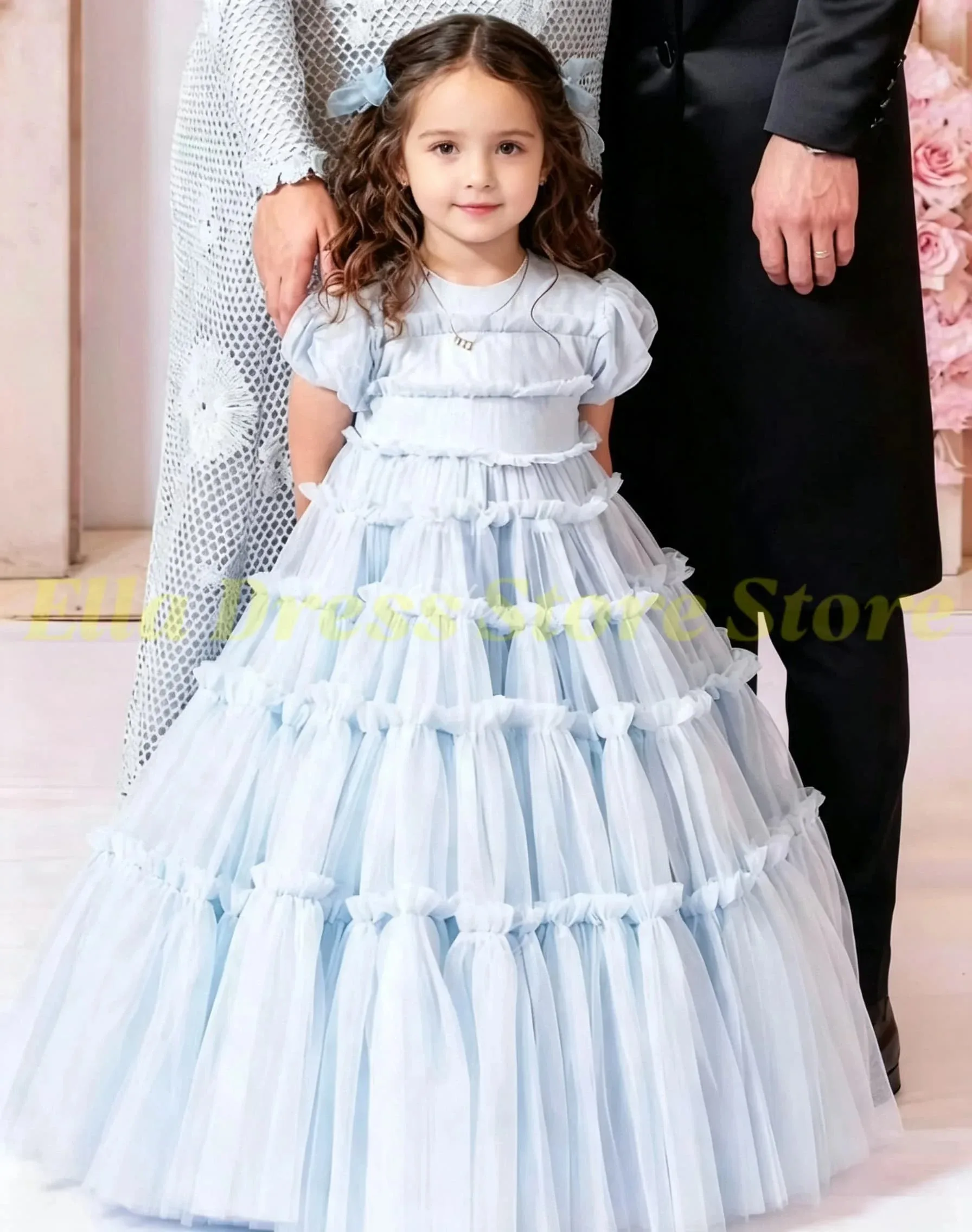 Maßgeschneidertes blaues Großhandels-Blumenmädchenkleid für Hochzeiten, plissiert, kurze Ärmel, O-Ausschnitt, Kindergeburtstag, Erstkommunion, Ballkleid – Detail 1