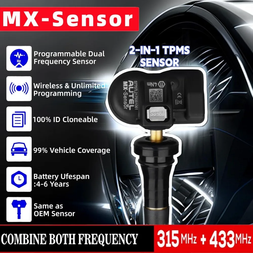 MaxiTPMS MX Sensor 16pcs Pack Rubber Stem 315/433MHz TPMS Sensor Universal Tire Sensor Programmed by TPMS Tool