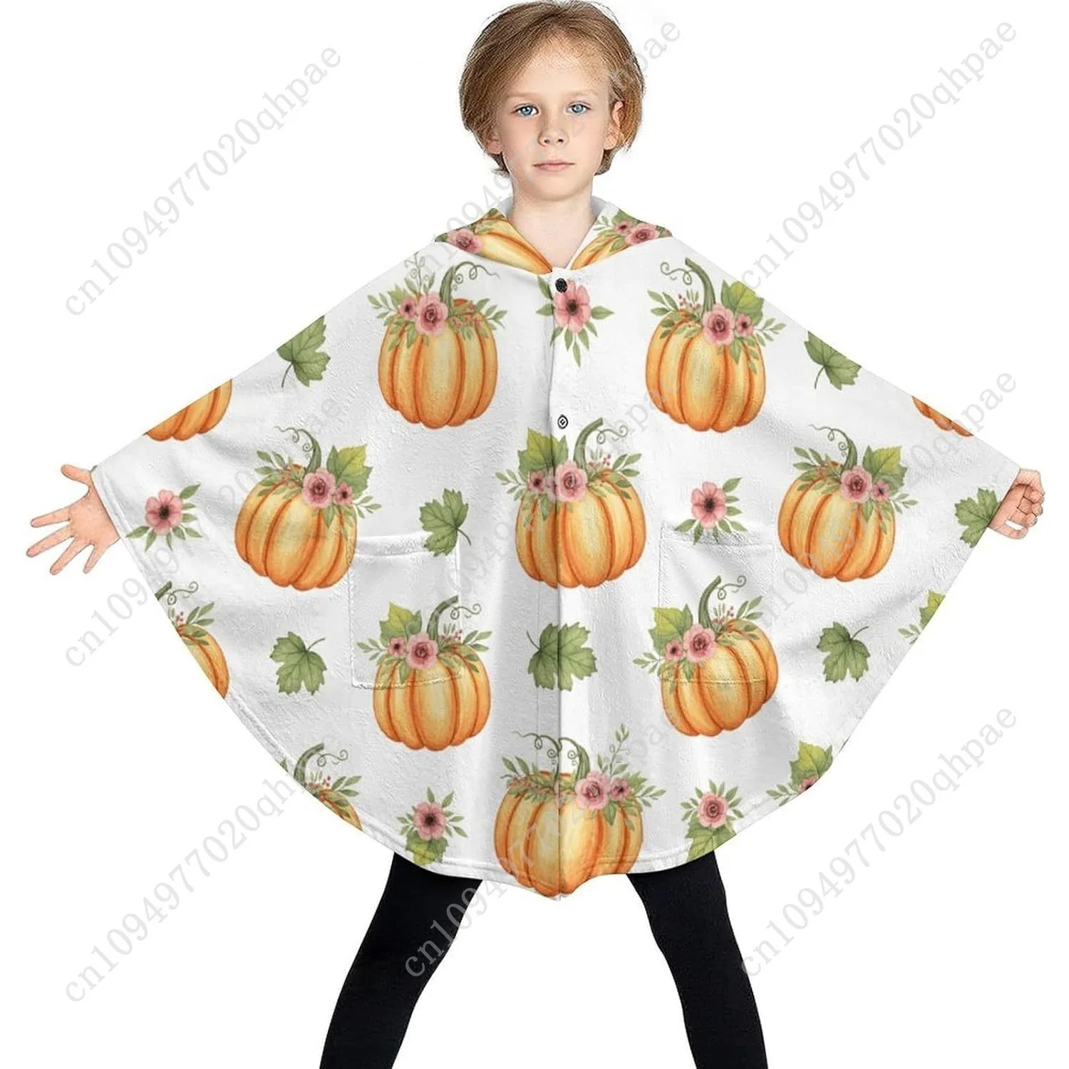 Cozy Flannel Blanket Sweater,Pumpkin Floral Pattern Oversized Hoodie With Pockets For Kids And Teenagers