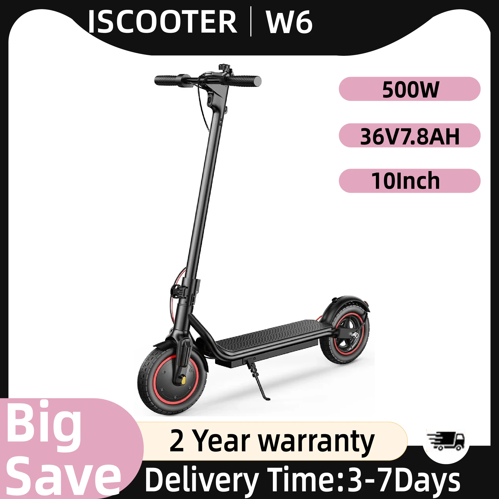 ISCOOTER W6 Scooter électrique adulte 10 pouces pneus e-scooter pour hommes 500W 36V 7.8 AH pliable ville EScooter