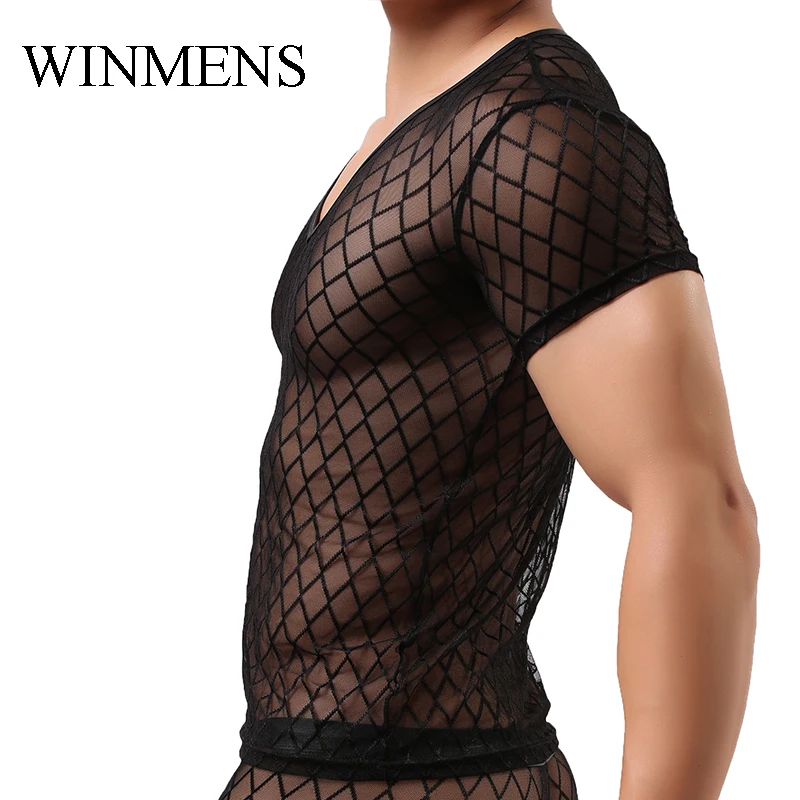 Adult Men\'s Undershirts Diamond Mesh Breathable Black See Inner O-neck Short Sleeves Sheer Fishnet Fitness Dance Performance