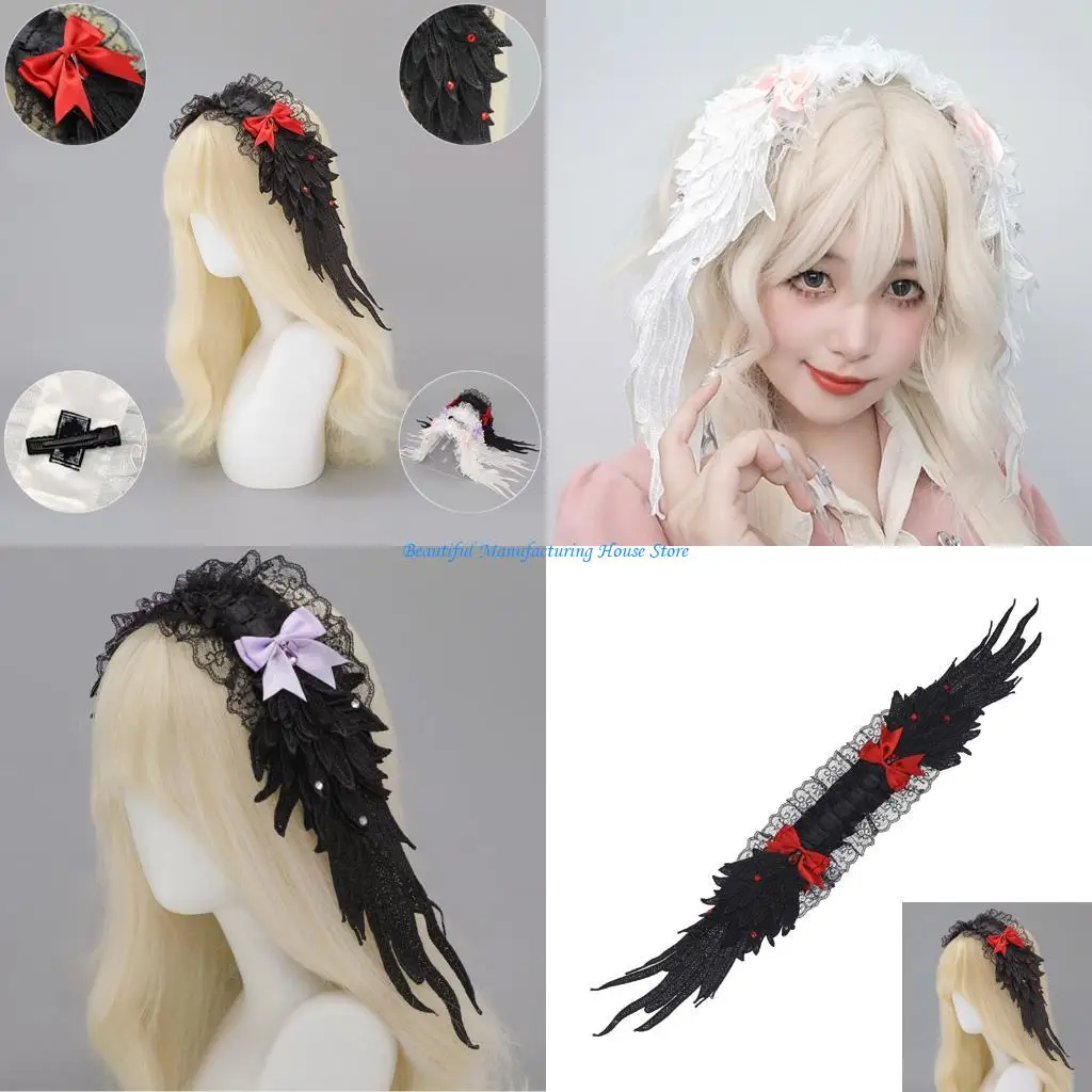 

E56A Gothic Angel Wing Hairband Dark Punk Anime Hair Accessory Adjustable Bowknot Hairband For Women Teens Masquerades Party