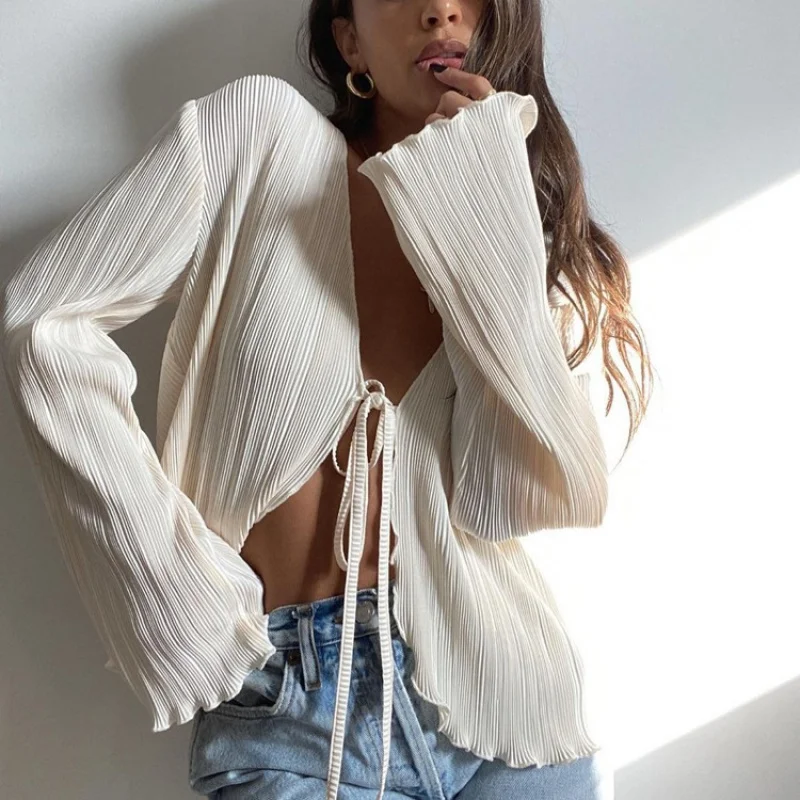 Ins Style New Summer Sexy Hot Girl Top Slim Flared Long Sleeve Pleated Shirt Women's French Wanlj