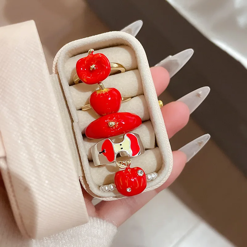 Minar Kawail Multiple Red Enamel CZ Zircon Faux Pearl Apple Fruit Adjustable Open Cocktail Ring for Women 14K Gold Plated Copper