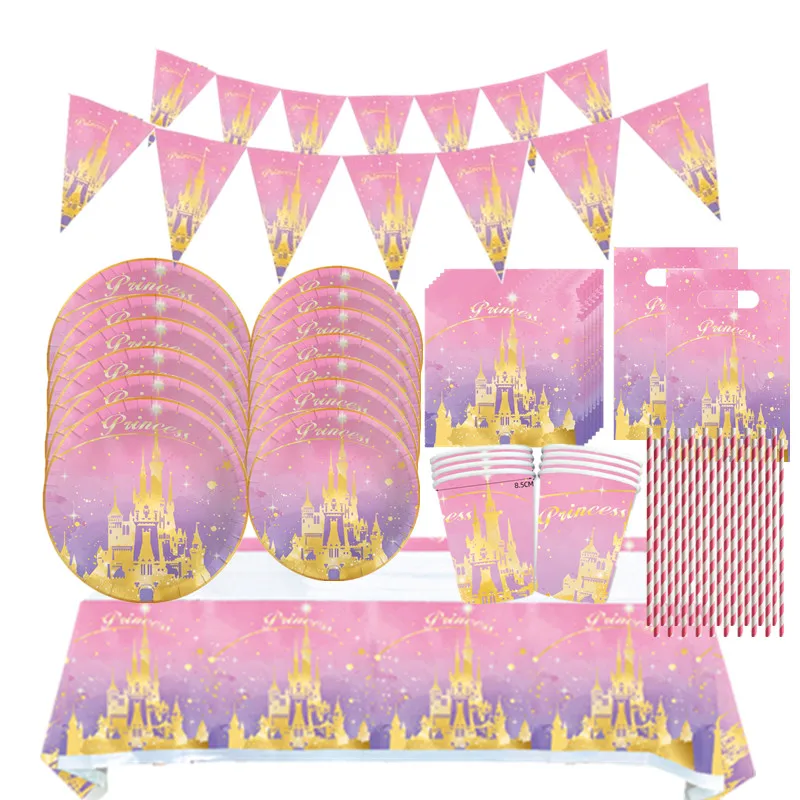 Pink Princess Castle Tableware Set Dessert Plates Cups tablecolth Balloon Banner Girls favorite Birthday Adult Wedding Decoratio