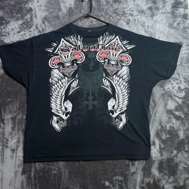 T-shirt vintage Y2K Salvation noir à manches courtes, imprimé Saint Skull Wings, pour hommes et femmes, style rétro Y2K streetwear, décontracté