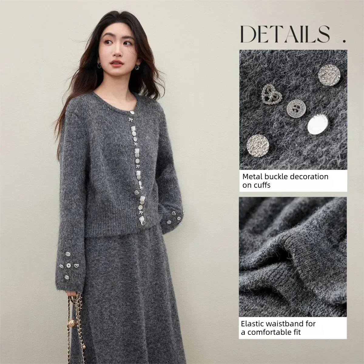 SENTUBILA جديد قطعتين مجموعة للنساء 2025 زر الزخرفية سترة ماكسي تنورة فضفاضة تناسب الشتاء عادية المرأة البدلة W54ZF5741