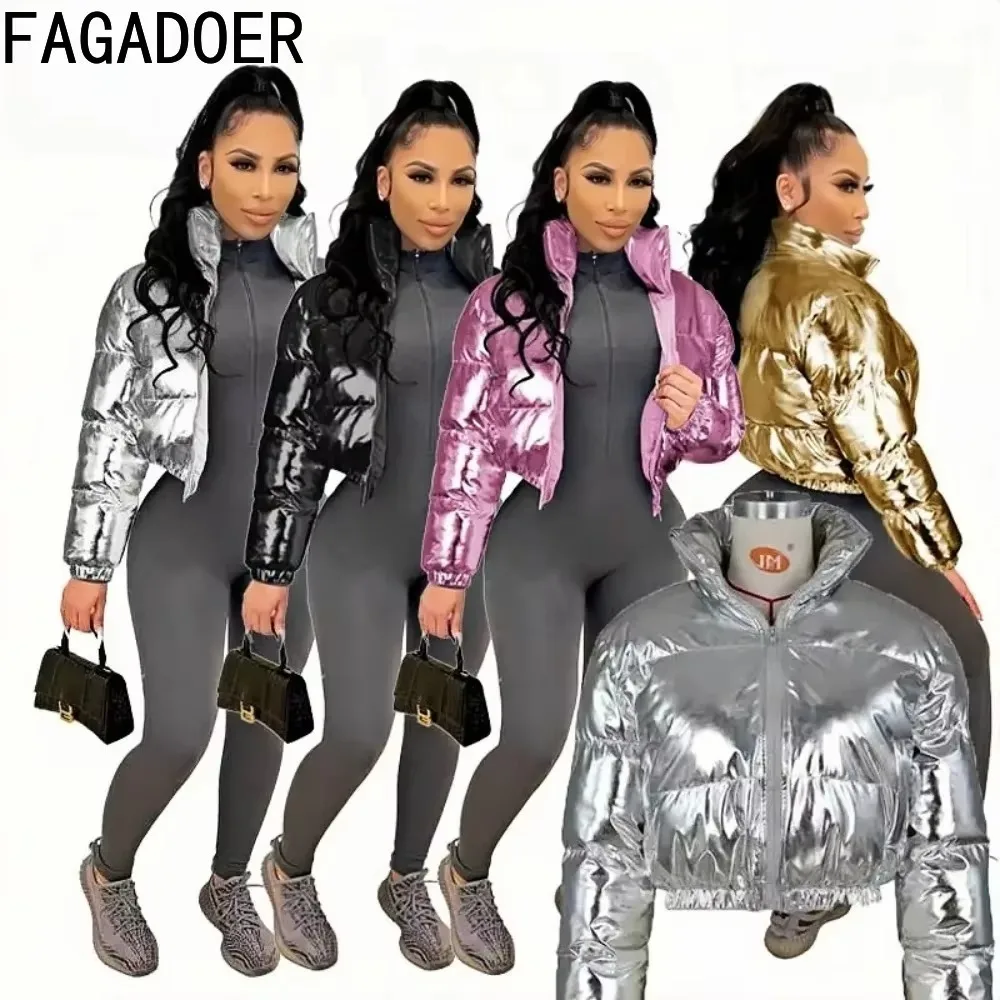 

FAGADOER Autumn Winter New Gilded Puffy Jacket Women Y2K Streetwear Zipper Crop Top Jacket Patchwork Puffer Fashion Coats 2025