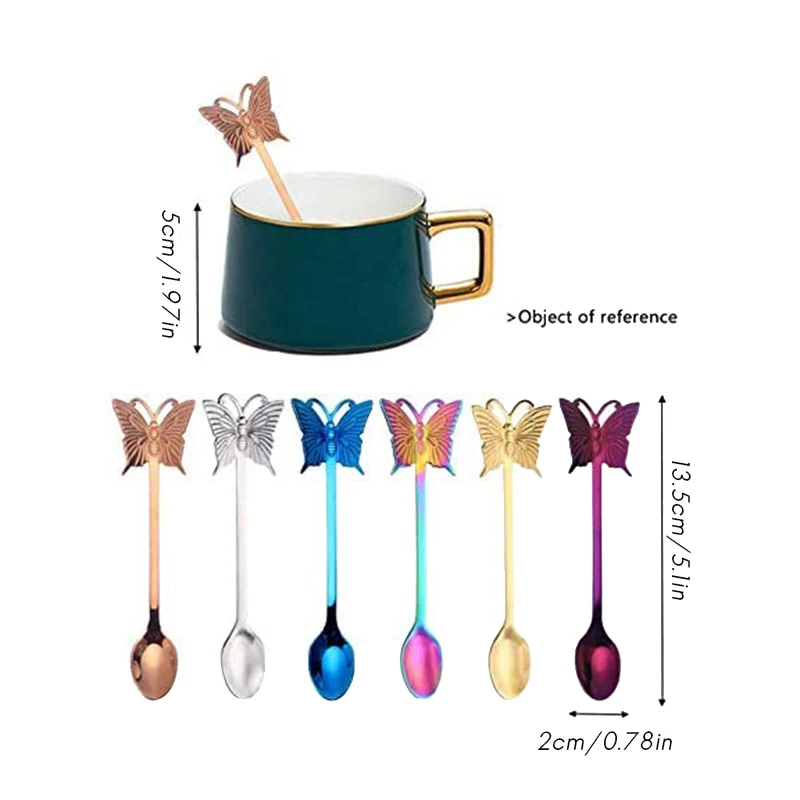 6-Pack Coffee Spoons Rainbow Colorful Teaspoon Dessert Espresso Stainless Steel Stirring Spoon(Butterfly)