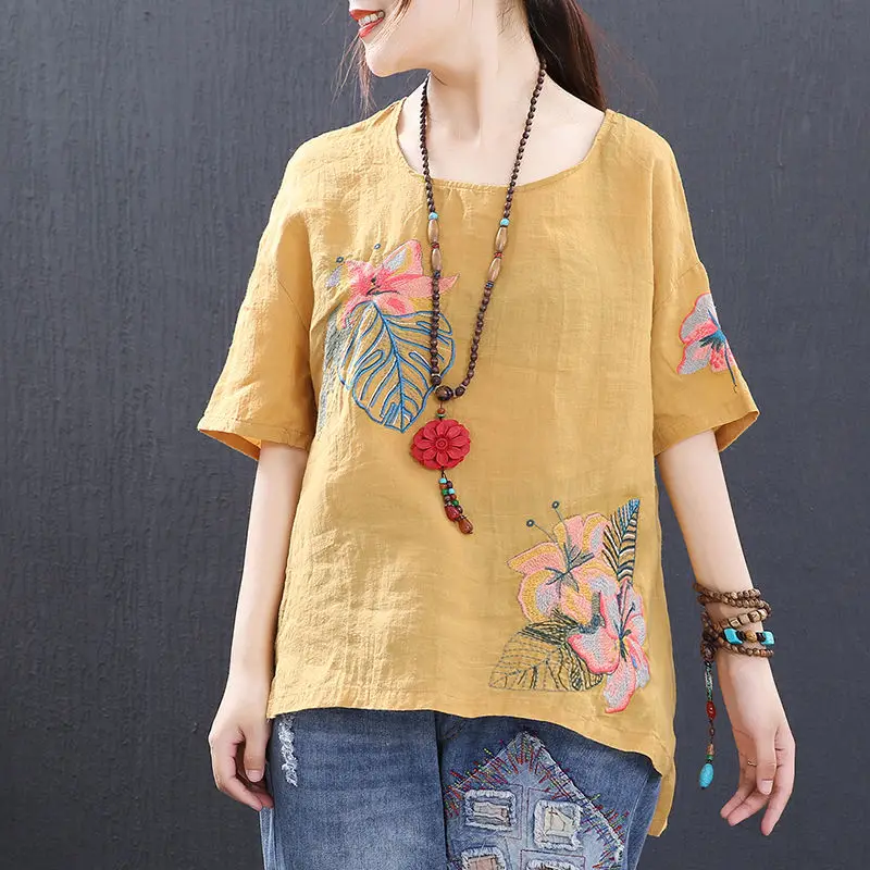 4XL Vintage Casual Women Shirts short Sleeve Embroidery Cheongsam Top Woman Size Hanfu  Tops Solid Color Summer Autumn