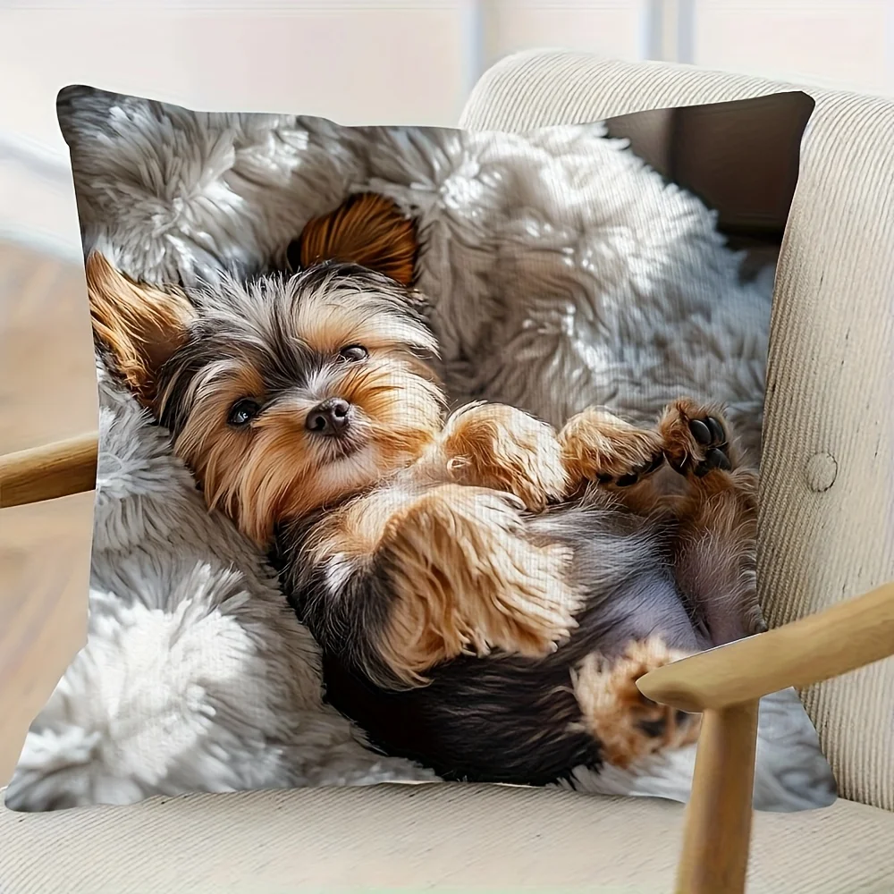 Fotografia 6: Capa de Almofada Quadrada de Cachorrinho Yorkshire Terrier Fofo e Macio para Decoração de Sofá e Quarto - 1 Unidade