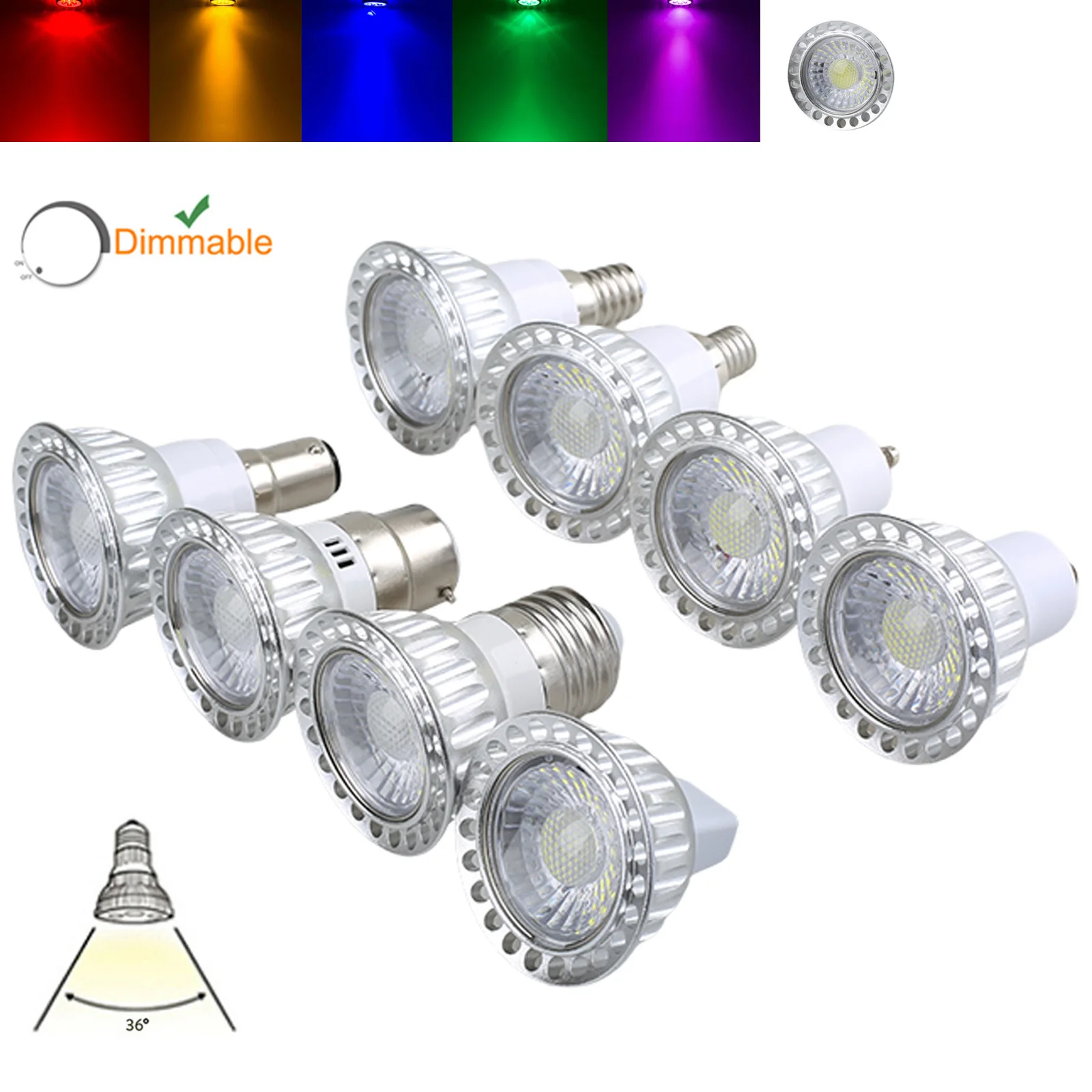 Dimmable Colorful 5W LED COB Spotlight GU10 MR16 E27 E14 110V 220V 12V 24V 36 Degree Red Blue Green Purple Yellow Lamps