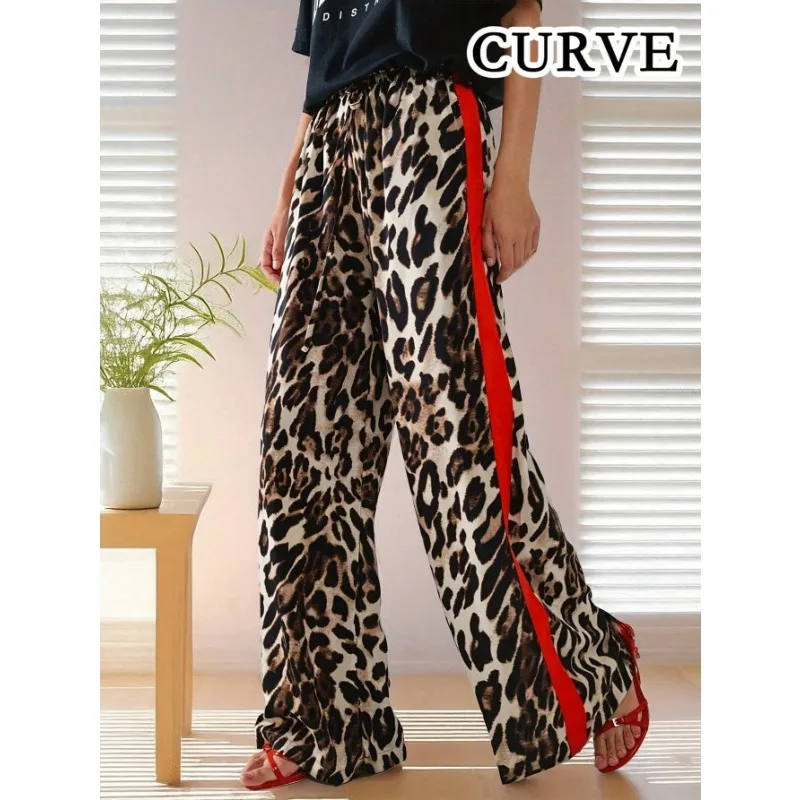 Plus Size New Women's Long Straight Leg Leopard Print Side Horizontal Stripe Pants