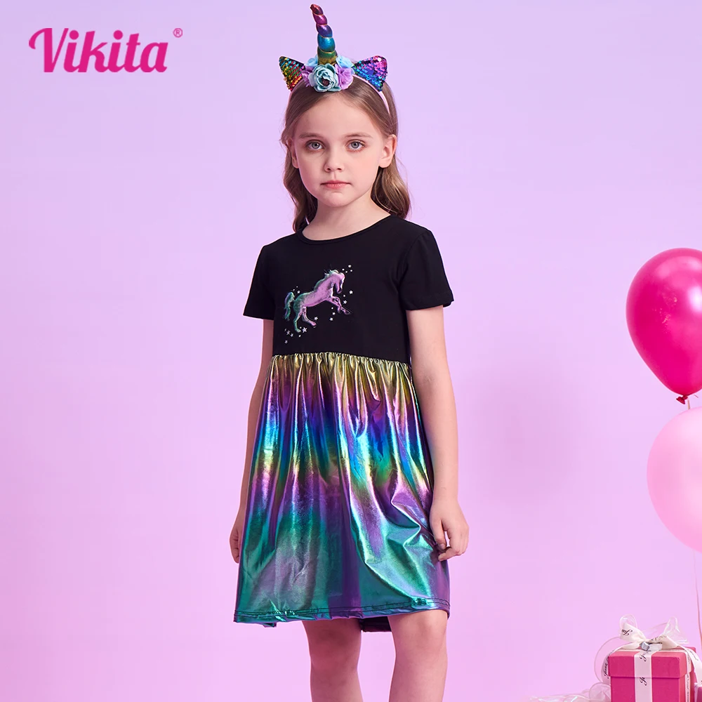 VIKITA Girls Unicorn Cartoon Dress Kids Short Sleeve Summer Dresses Girls Casual Shiny Patchwork Infantil Vestidos Kids Clothes