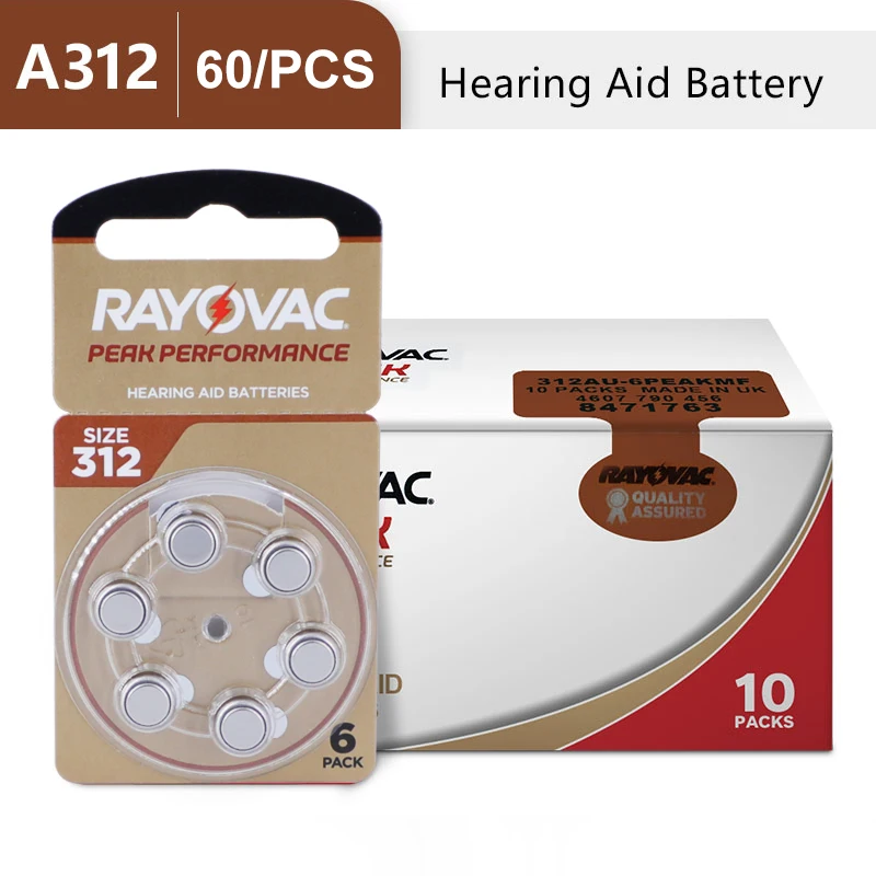 60Pcs Hearing Aid Batteries 312 A312 312A ZA312 312a PR41 Rayovac Peak UK Zinc Air Button Ear Aid Batteries For Hearing Aids 312