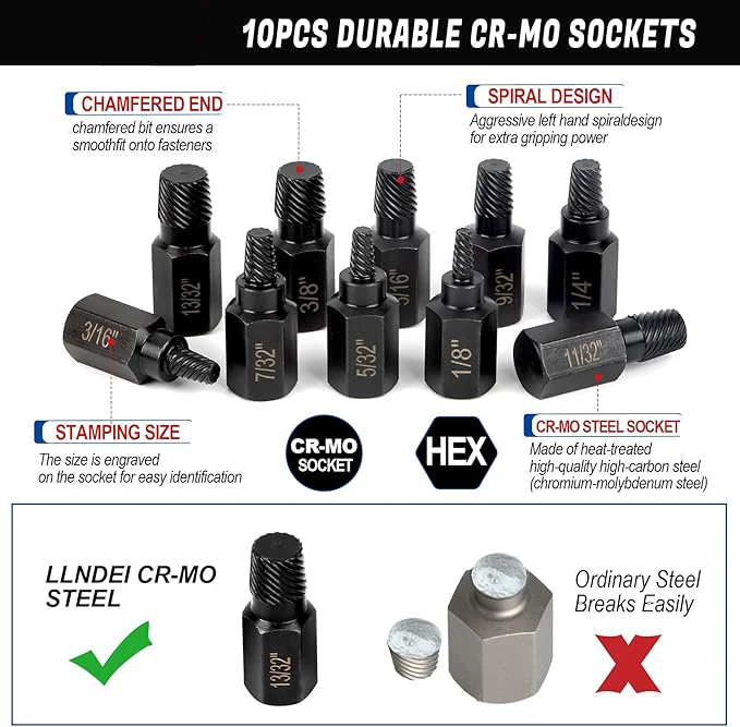 10Pcs Screw Extractor Set, Hex Head Multi-Spline Easy Out, Stripped & Broken Bolt Screw Remover Kit for Damaged Studs