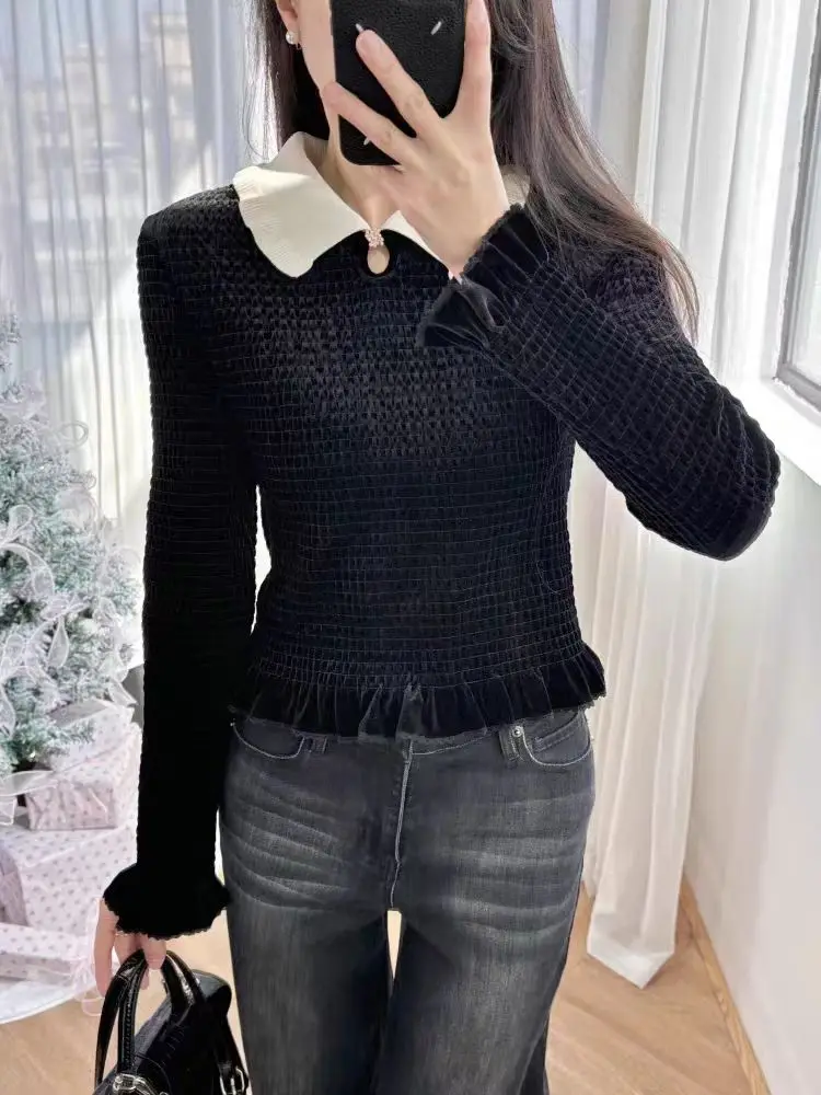 

【Gift Free】Women Velvet Pleated Contrast-Color Ruffle Collar Top Lace Trim Short Shirt 2025 Fashion Blouse