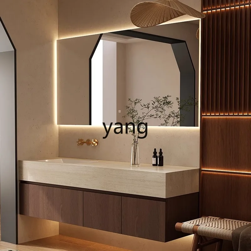 LHH，  medieval travertine rock slab seamless ceramic integrated basin bathroom cabinet combination