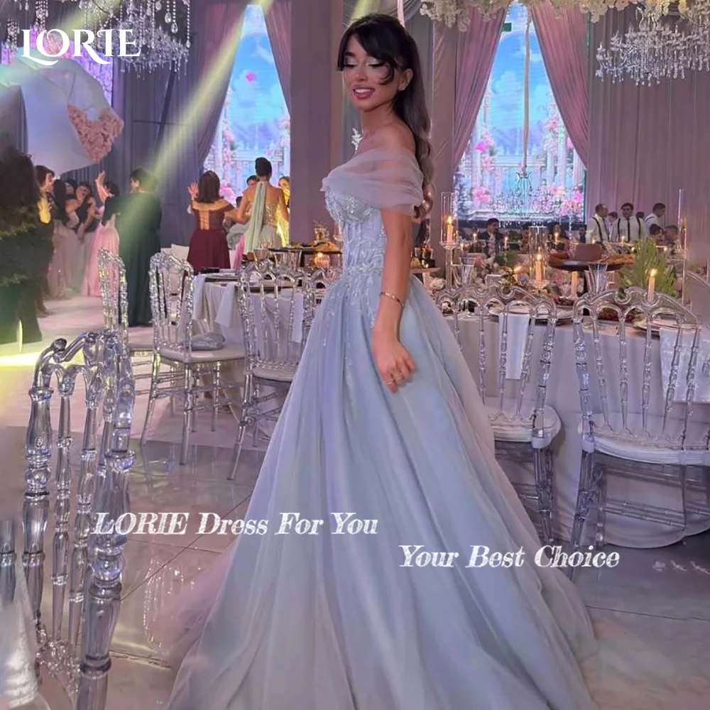 LORIE Modest Crepe Evening Dress Flower Shoulder Flowy Princess Prom Dresses Pleats Illsion Puff Arabia Party Gowns Customized image 2