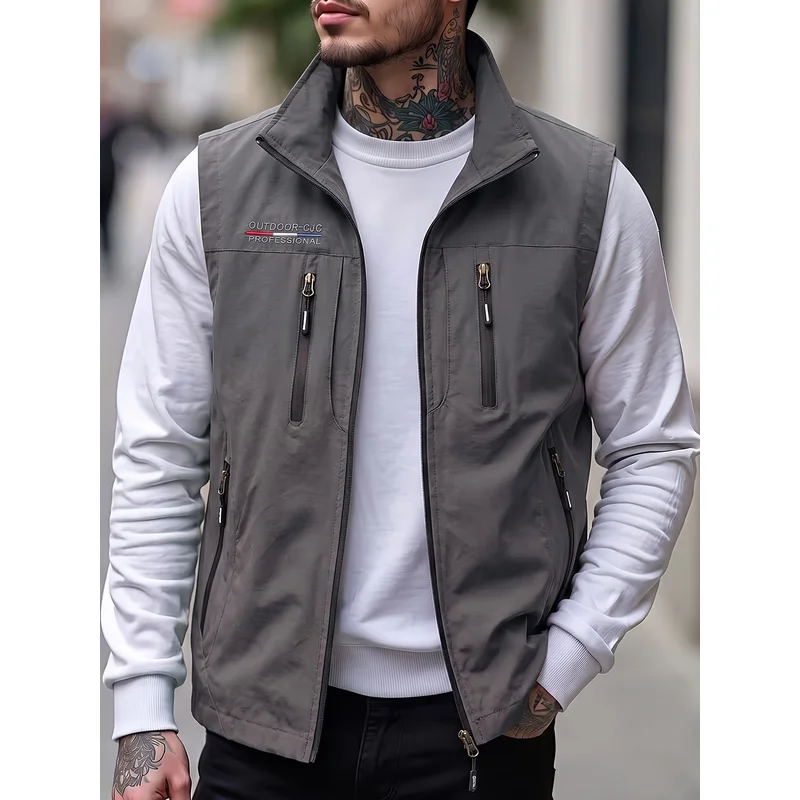 Men's Outdoor Work Vest Spring and Autumn Stand Collar Zipper Multiple Pockets Summer Workwear Mesh Hunting Clothes for Man