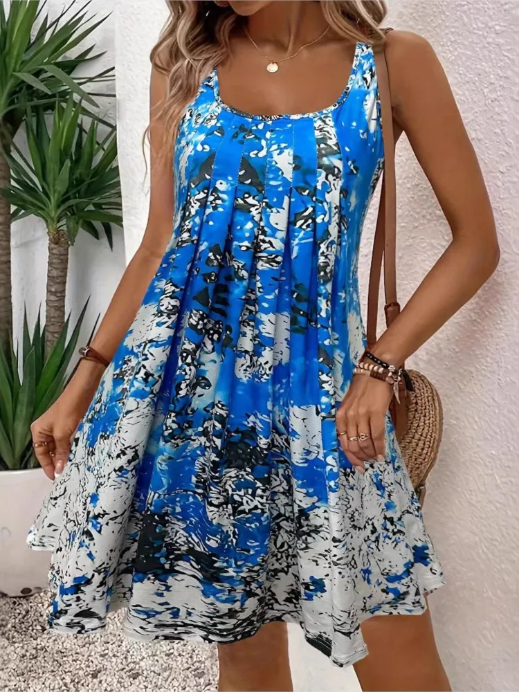 Abito da donna con stampa floreale Moda senza maniche Colletto quadrato Abiti larghi per le donne Casual Boho Holiday Beach Gonna Abbigliamento da donna
